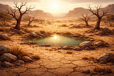 Small Desert Oasis With Cracked Earth And Dead Trees