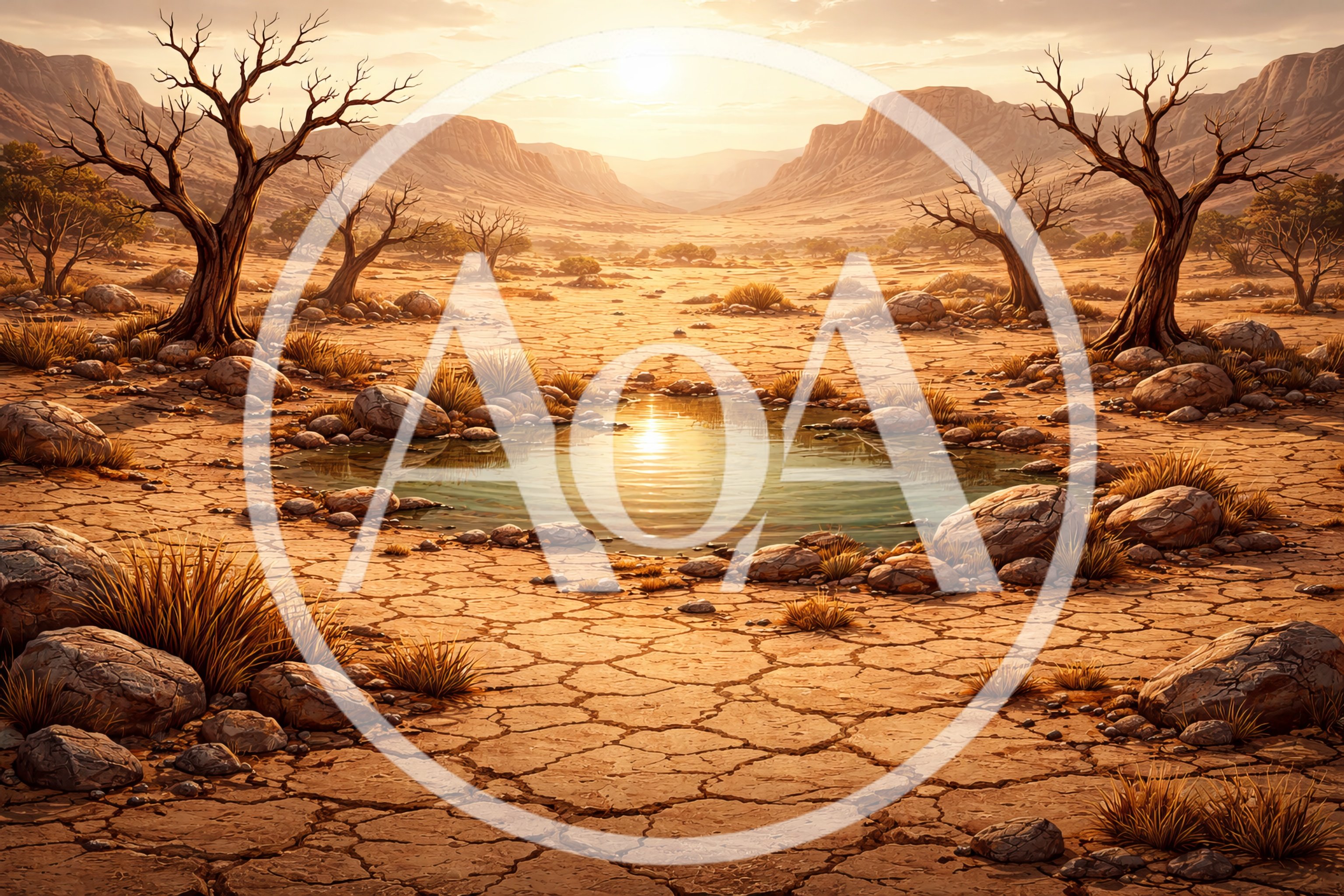 Small Desert Oasis With Cracked Earth And Dead Trees