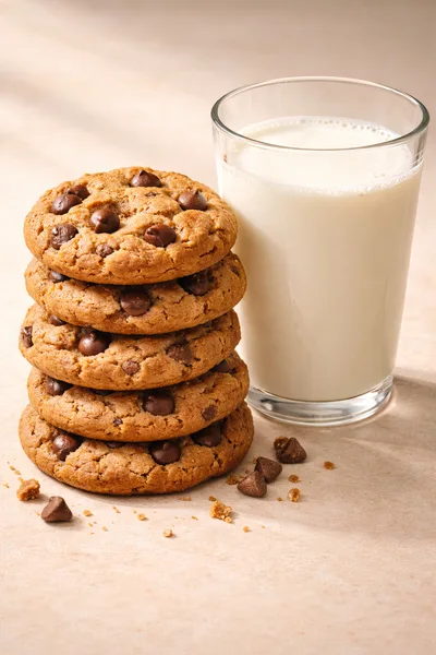 Stack of Chocolate Chip Cookies with Glass of Milk