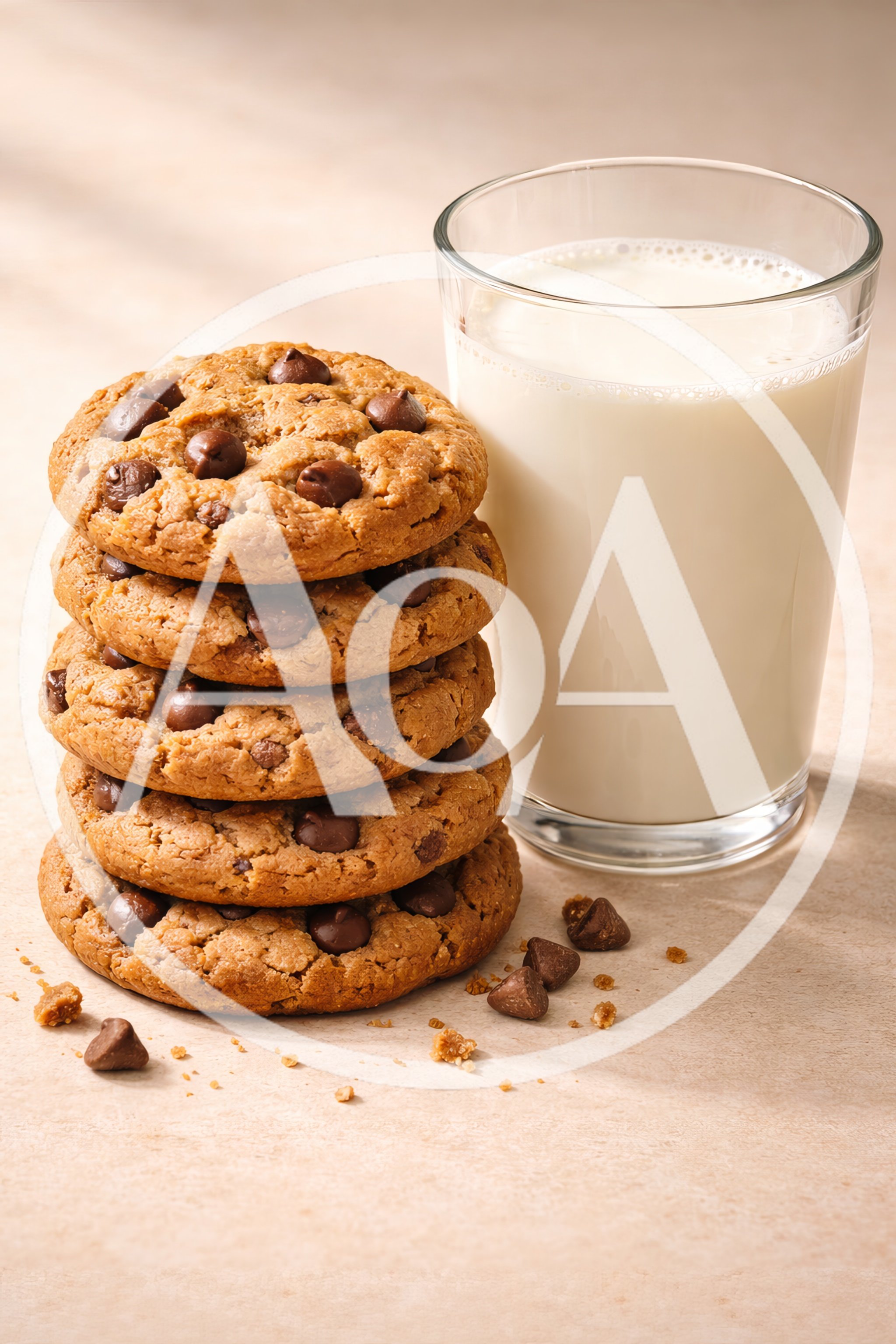 Stack of Chocolate Chip Cookies with Glass of Milk