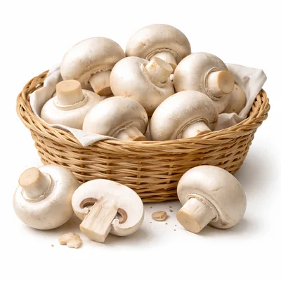 Fresh White Button Mushrooms In A Wicker Basket