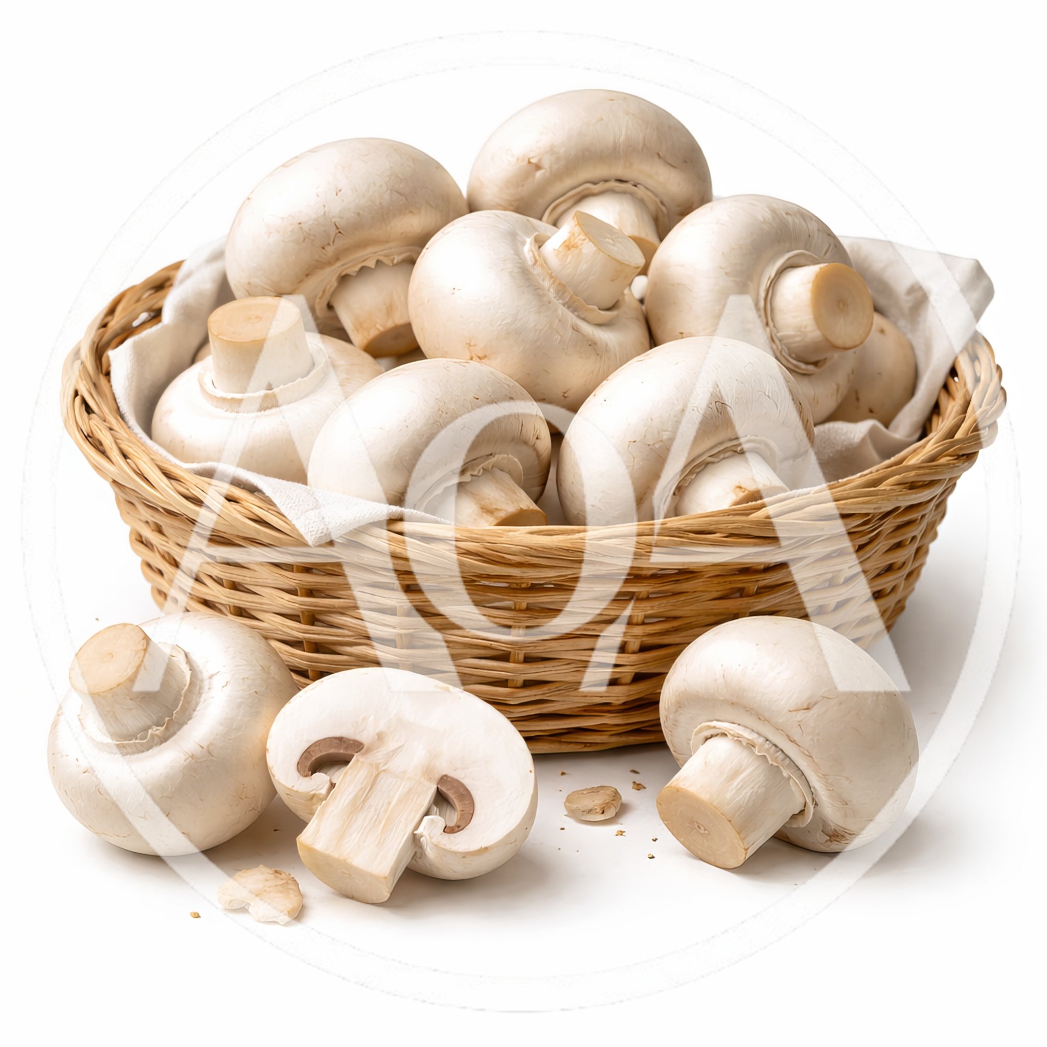 Fresh White Button Mushrooms In A Wicker Basket