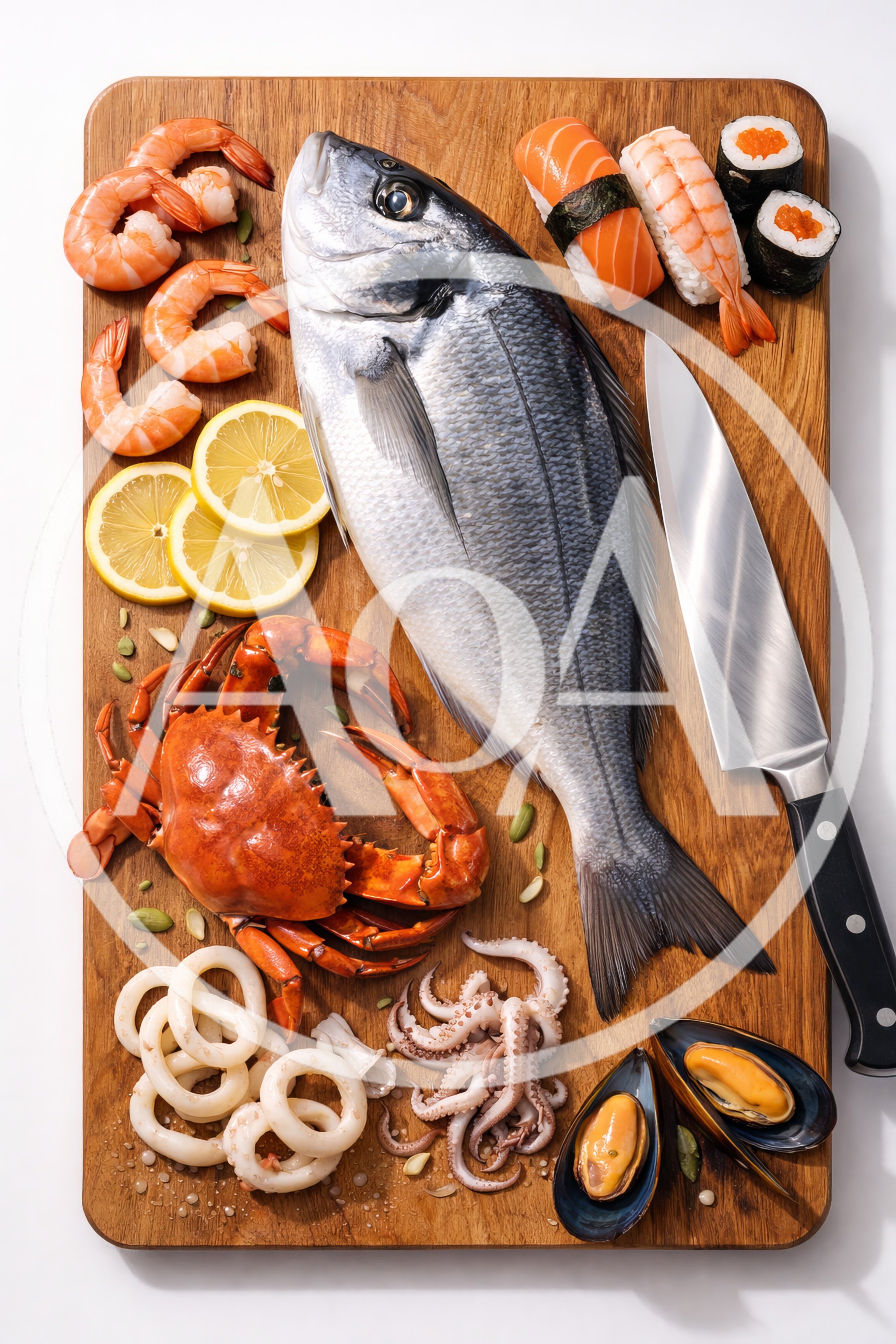 Fresh Seafood Assortment on Wooden Cutting Board