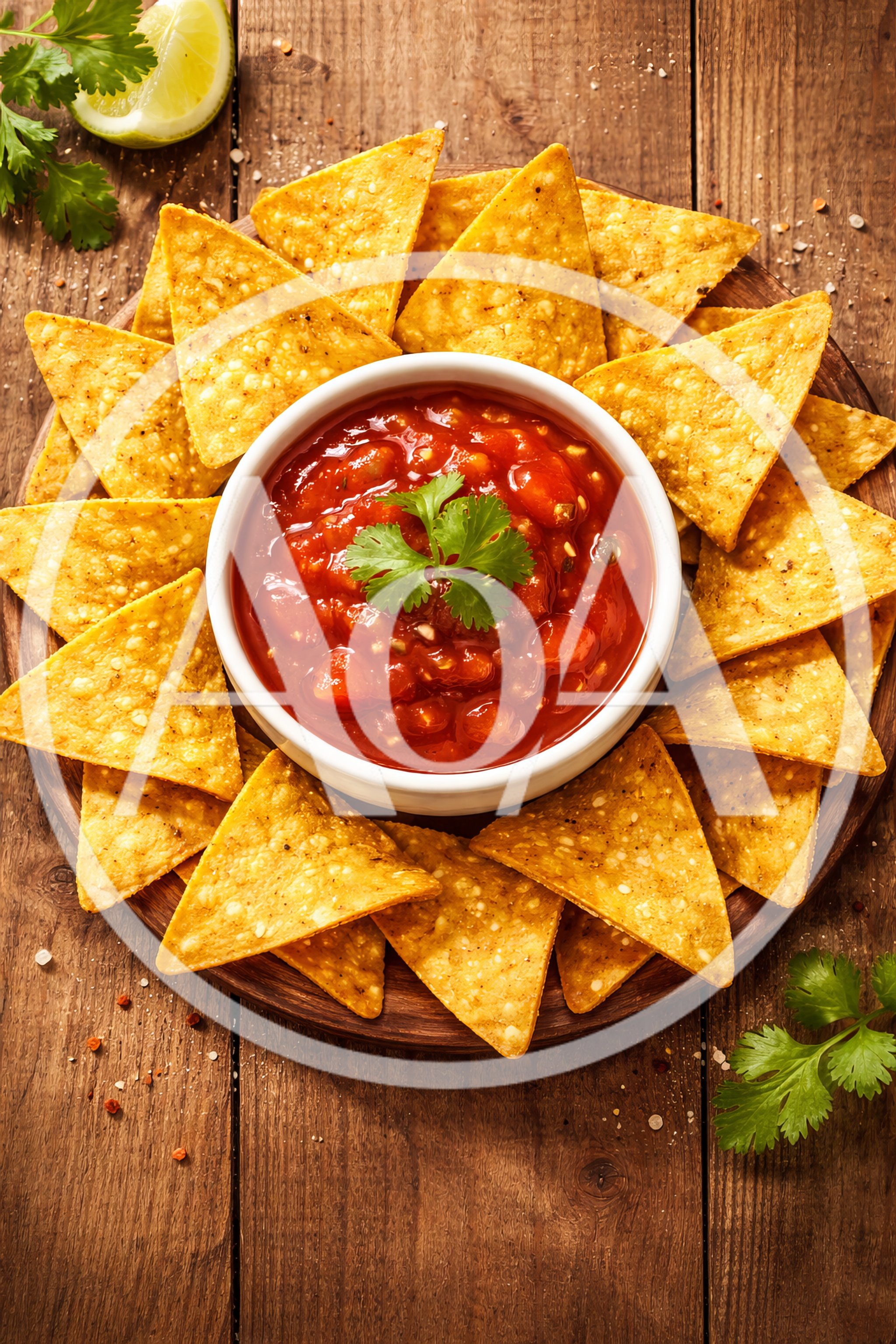 Tortilla Chips With Salsa Dip On Wooden Board