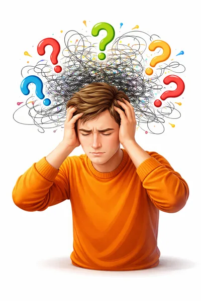 Stressed Young Man With Tangled Thoughts And Question Marks