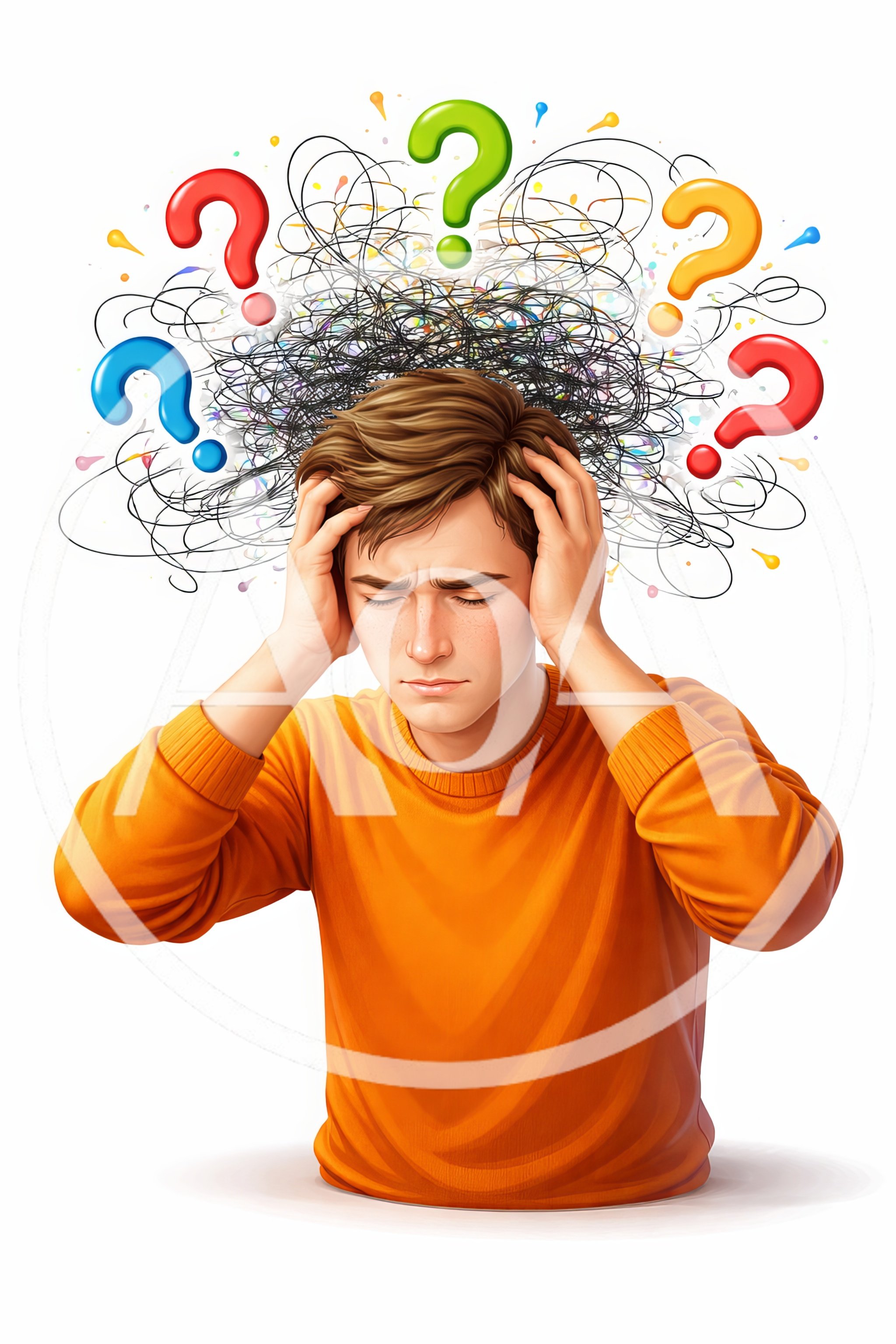 Stressed Young Man With Tangled Thoughts And Question Marks