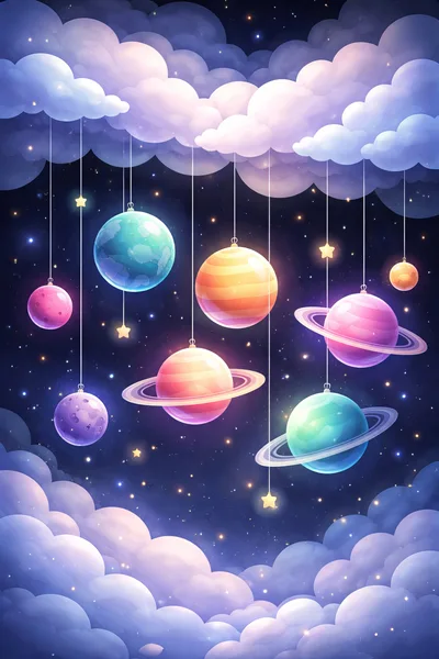 Whimsical Planets Hanging From Clouds In Night Sky