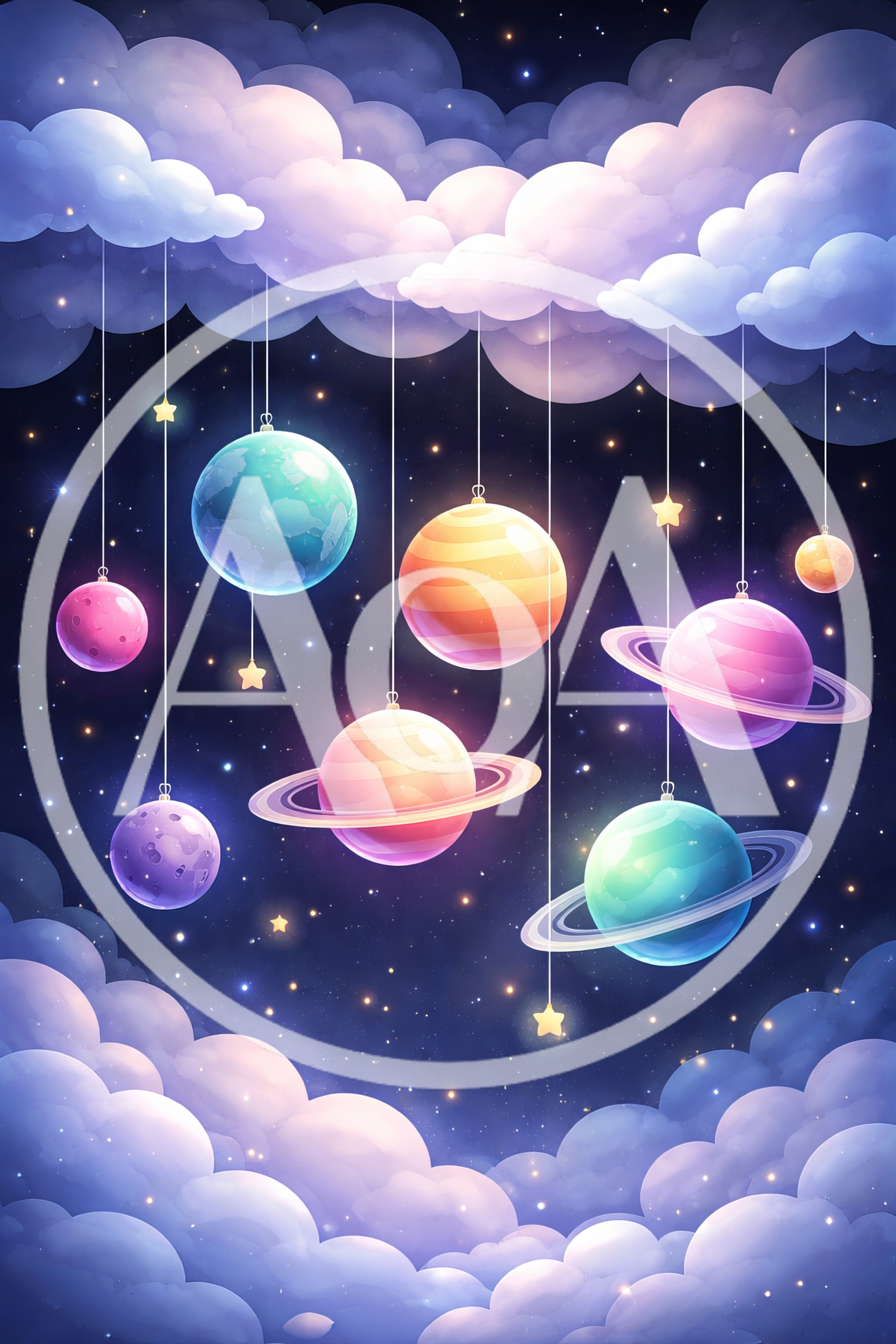 Whimsical Planets Hanging From Clouds In Night Sky