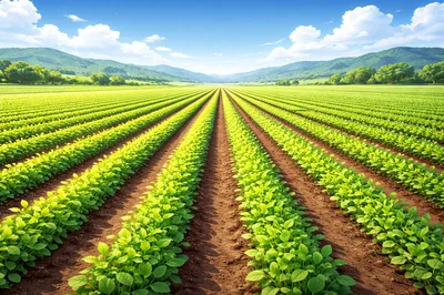 Rows of Green Crops in a Sunny Agricultural Field