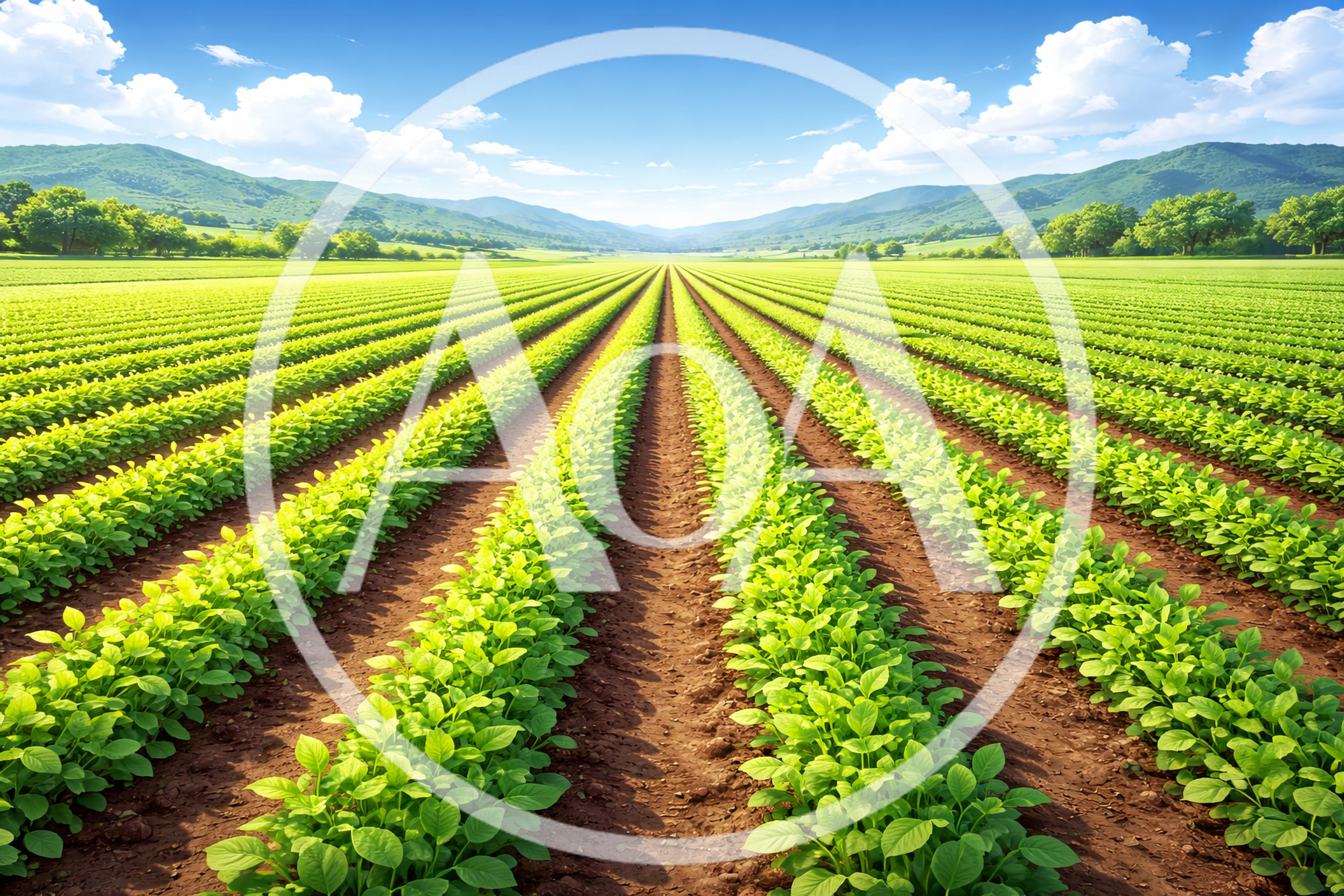 Rows of Green Crops in a Sunny Agricultural Field