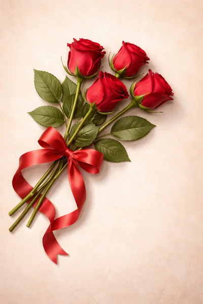 Bouquet of Four Red Roses with Ribbon