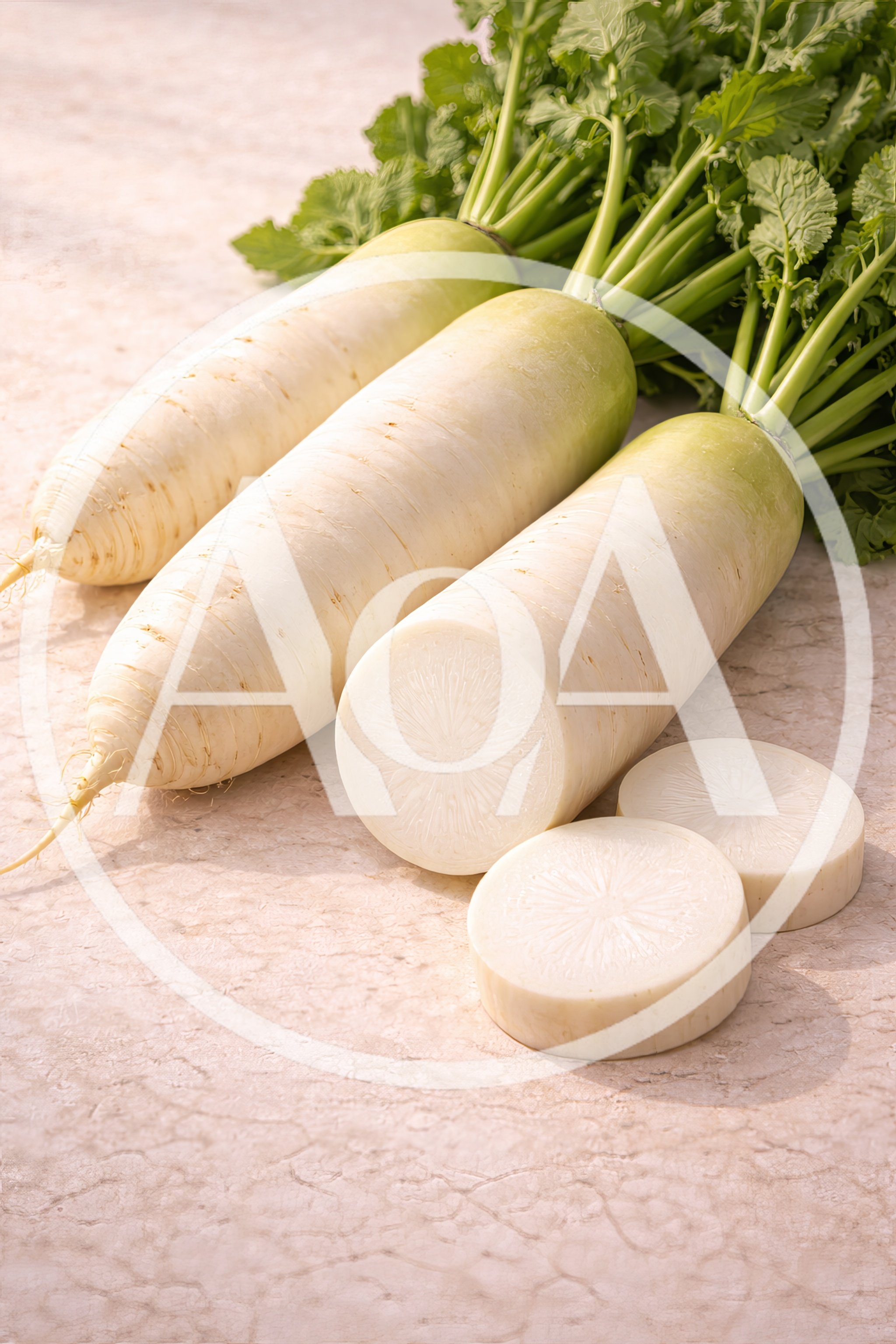 Fresh Daikon Radishes With Green Leaves On Marble