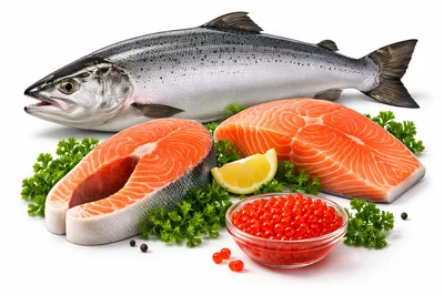 Fresh Salmon Fish With Steaks And Caviar