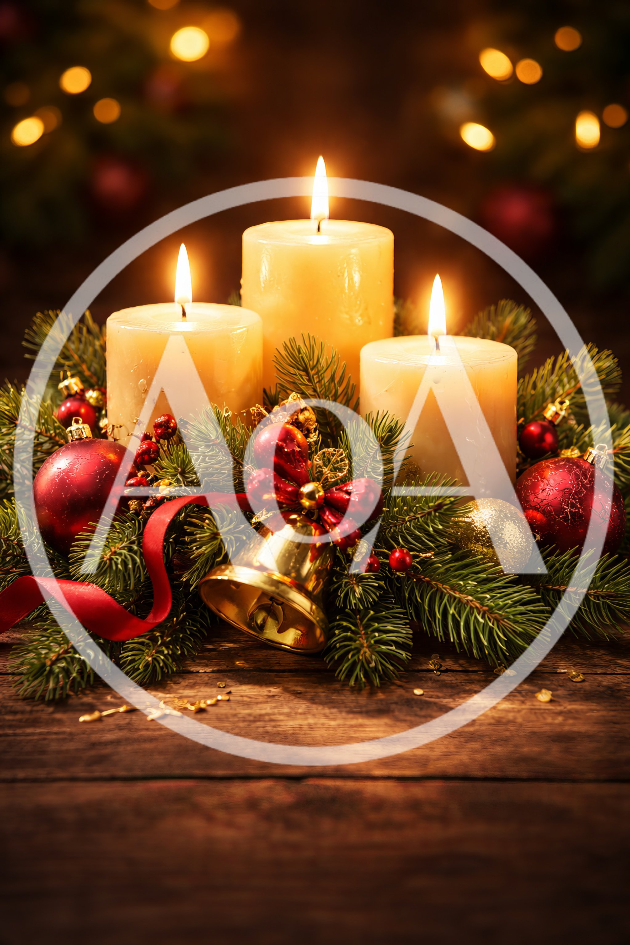 Three Lit Christmas Candles With Festive Decorations