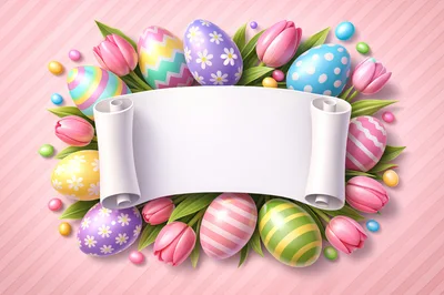 Easter Eggs and Tulips with Blank Scroll Frame