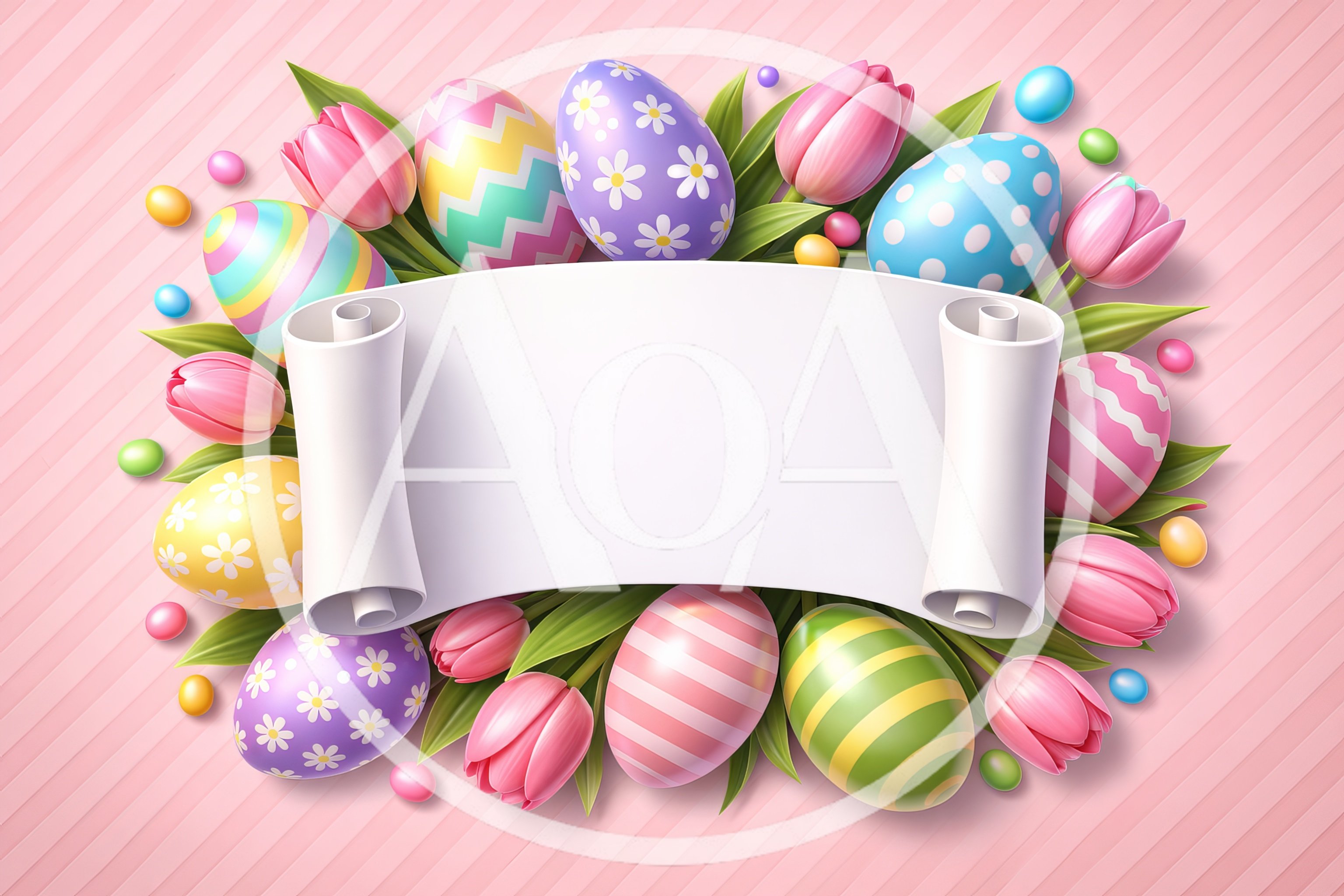 Easter Eggs and Tulips with Blank Scroll Frame
