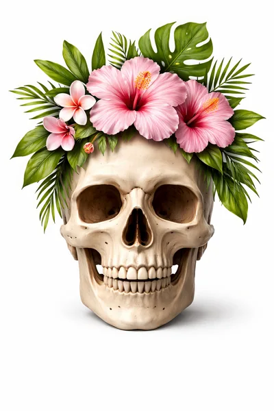 Human Skull Adorned With Tropical Flowers And Leaves