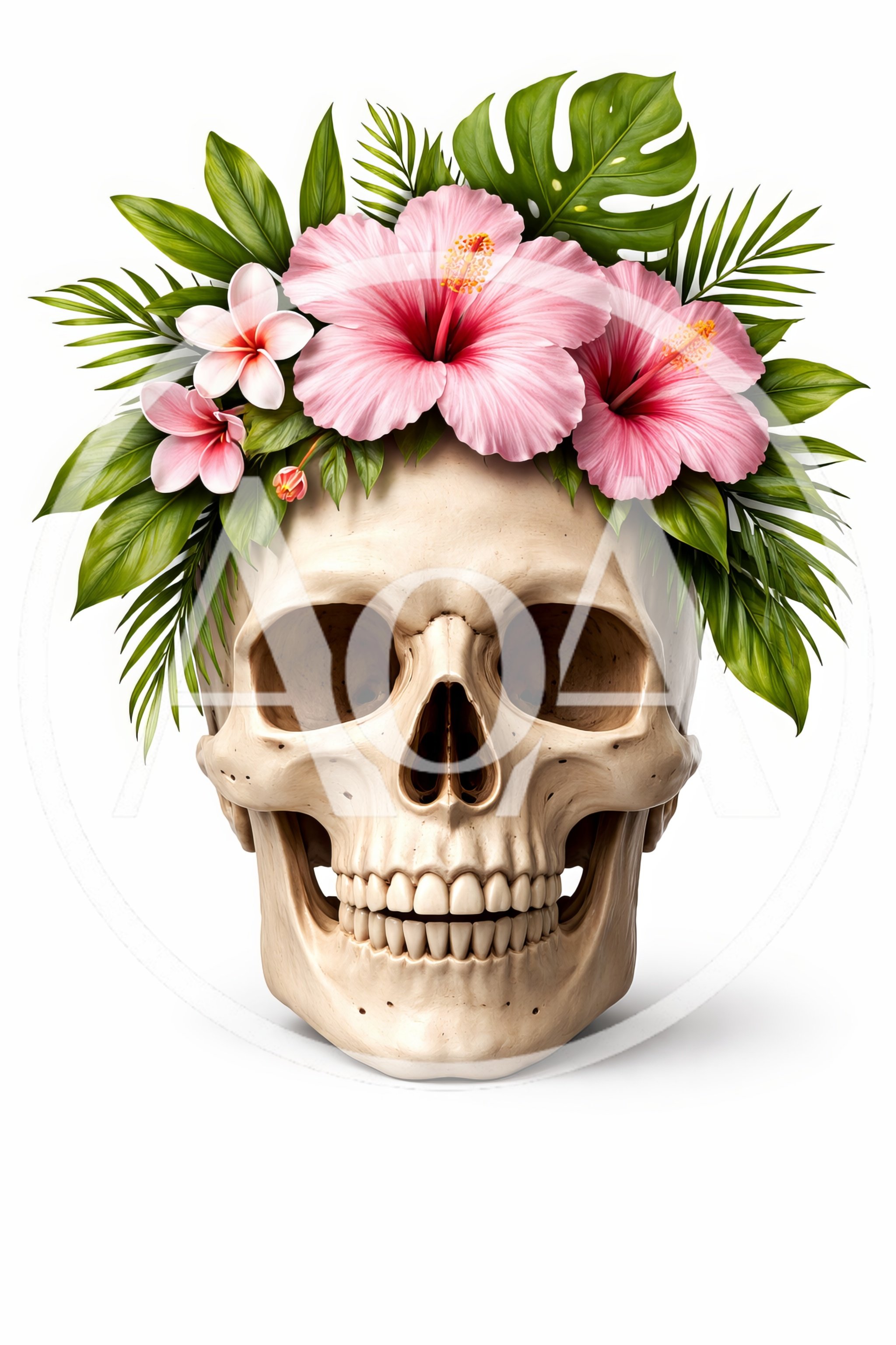 Human Skull Adorned With Tropical Flowers And Leaves
