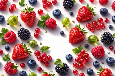Fresh Assorted Berries Pattern on White Background