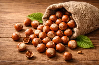 Hazelnuts Spilling From A Burlap Sack On Wood