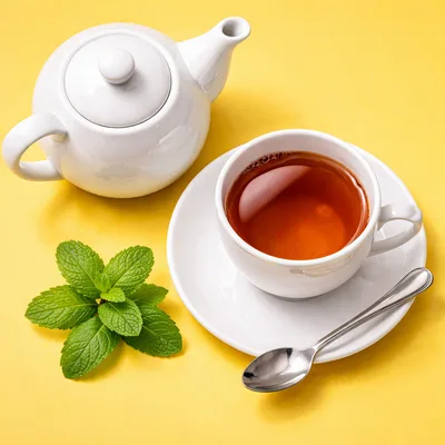 White Teapot and Cup of Tea with Fresh Mint