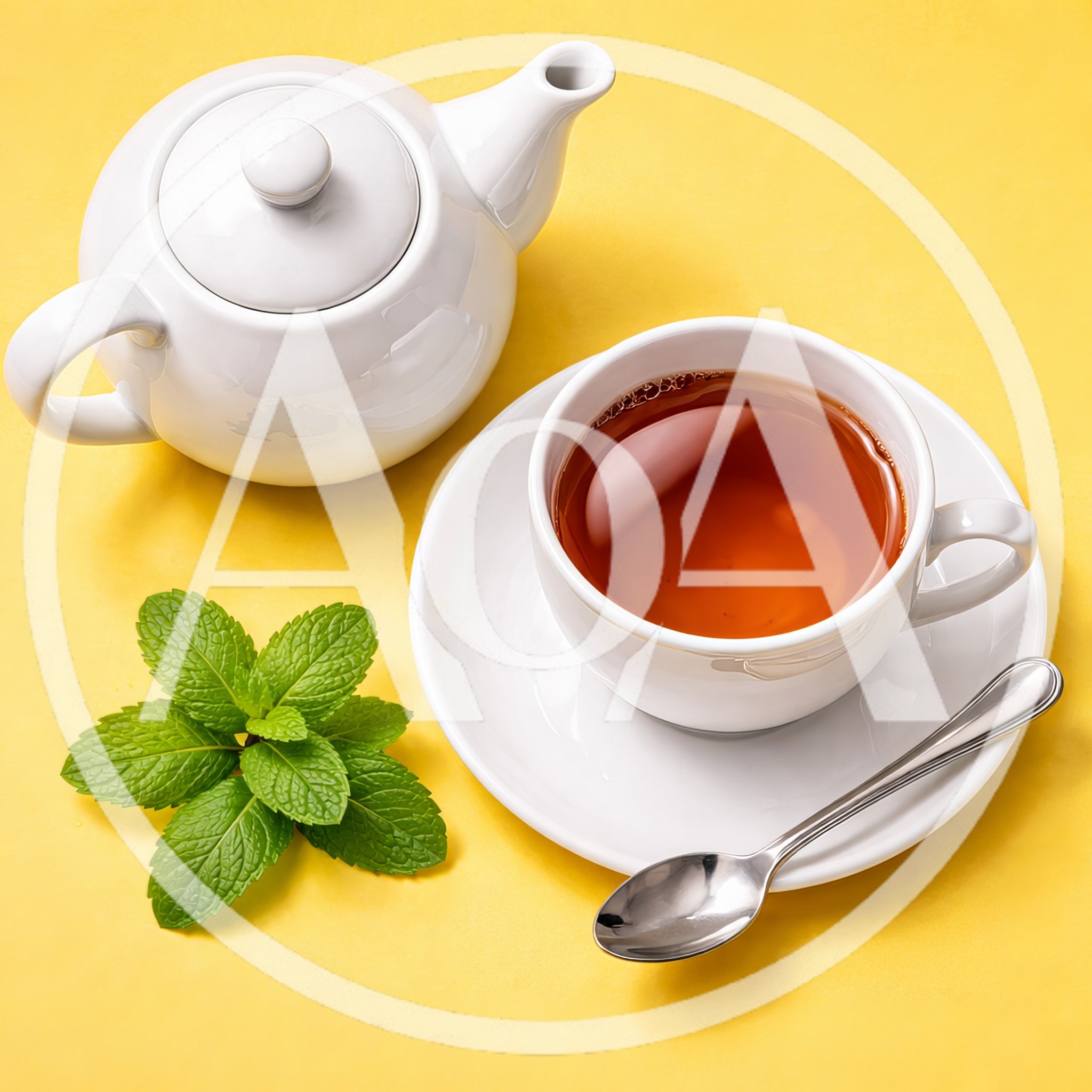 White Teapot and Cup of Tea with Fresh Mint