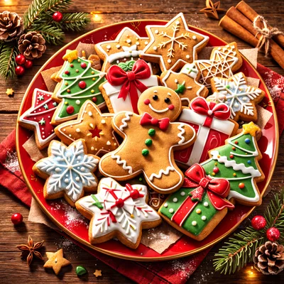 Assorted Christmas Gingerbread Cookies on a Red Plate