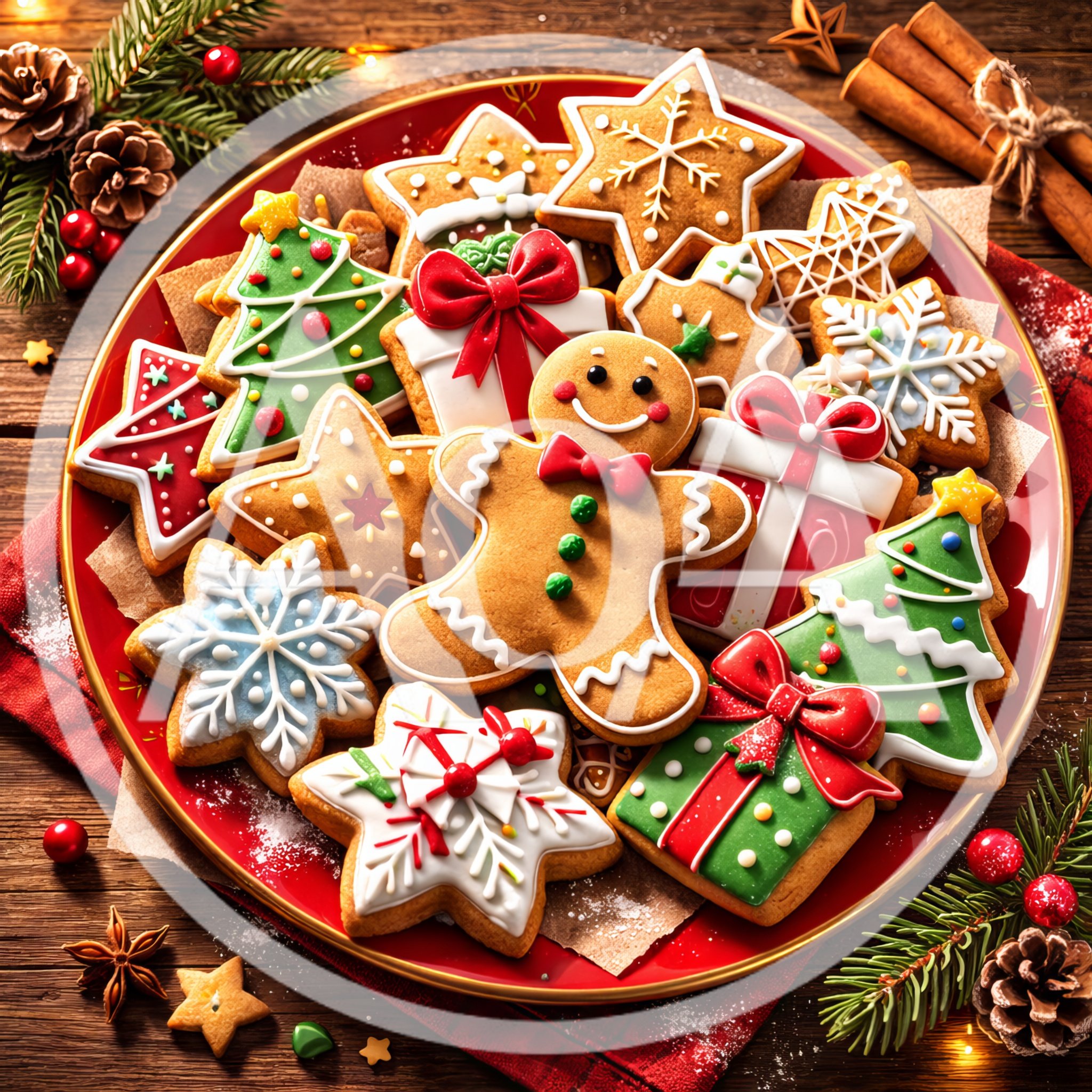 Assorted Christmas Gingerbread Cookies on a Red Plate