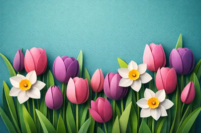 Paper Craft Tulips and Daffodils on Textured Background