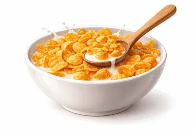 Bowl Of Corn Flakes With Milk And Wooden Spoon