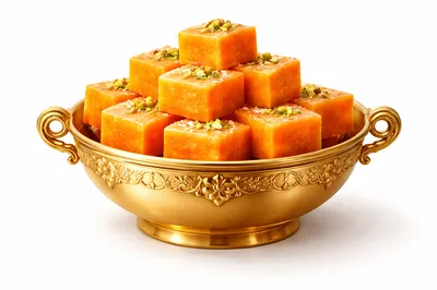 Traditional Indian Mango Burfi Sweets in Golden Bowl
