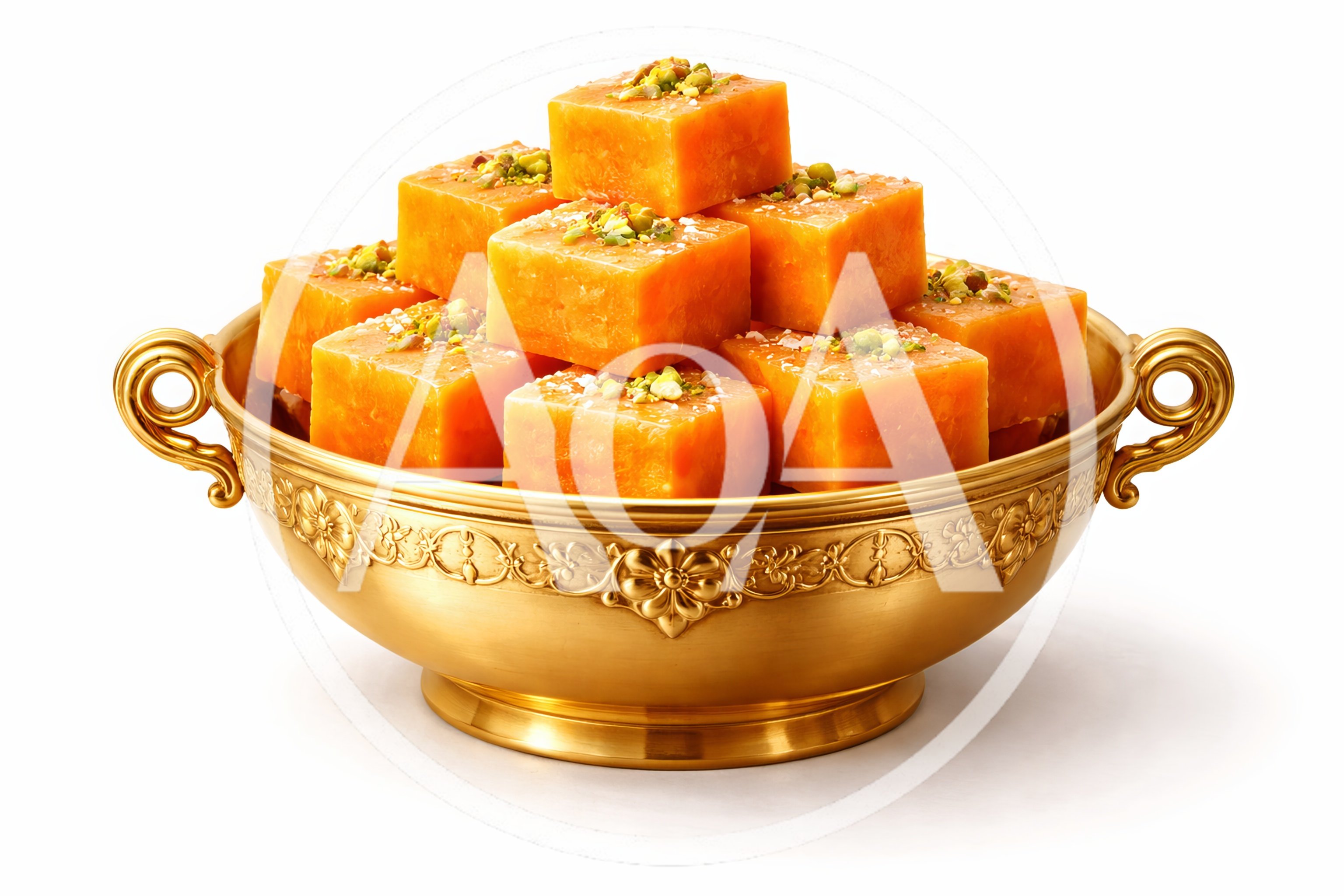 Traditional Indian Mango Burfi Sweets in Golden Bowl