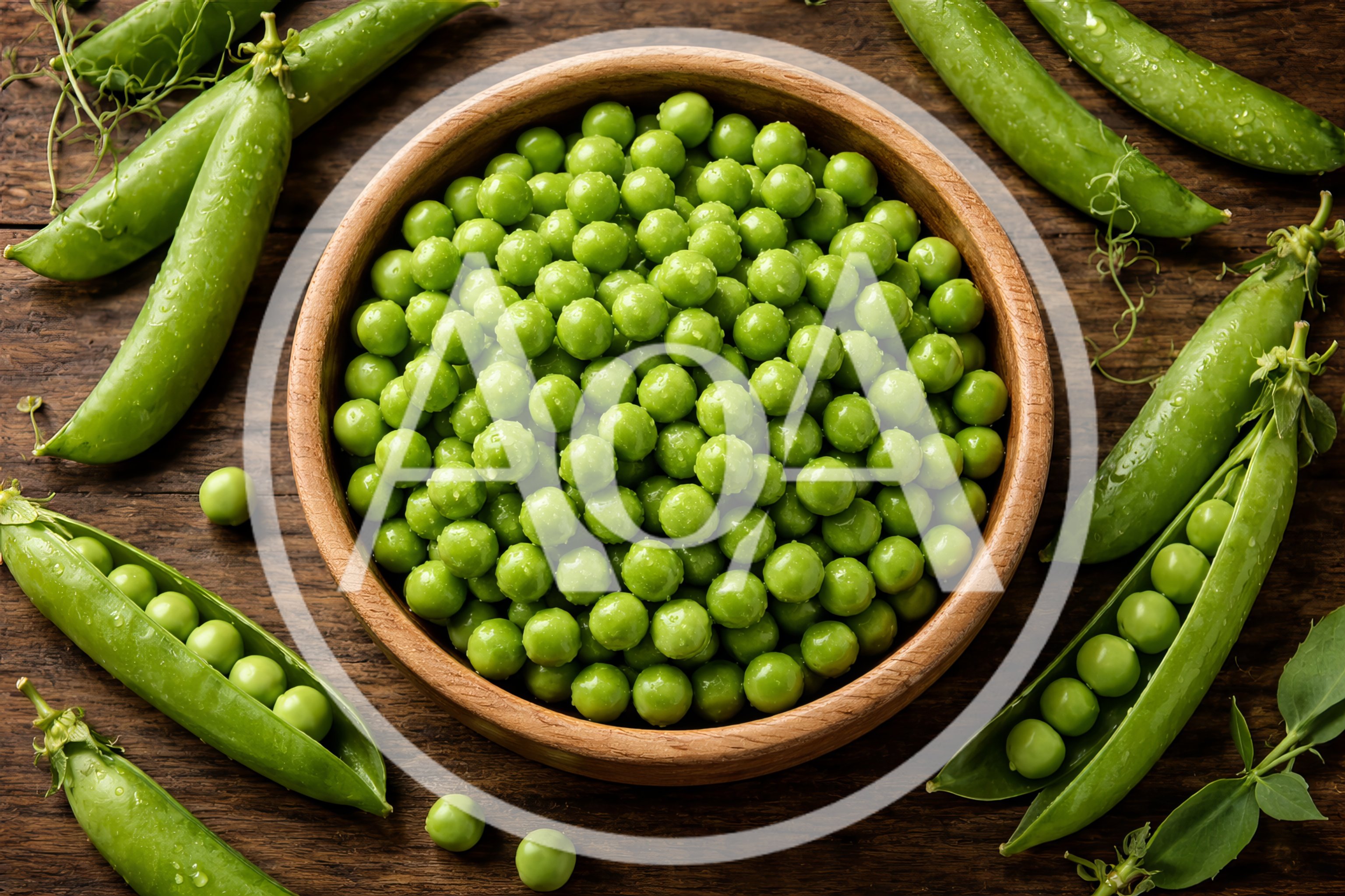 Fresh Green Peas in a Wooden Bowl