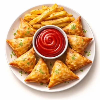 Plate Of Crispy Samosas With French Fries And Ketchup