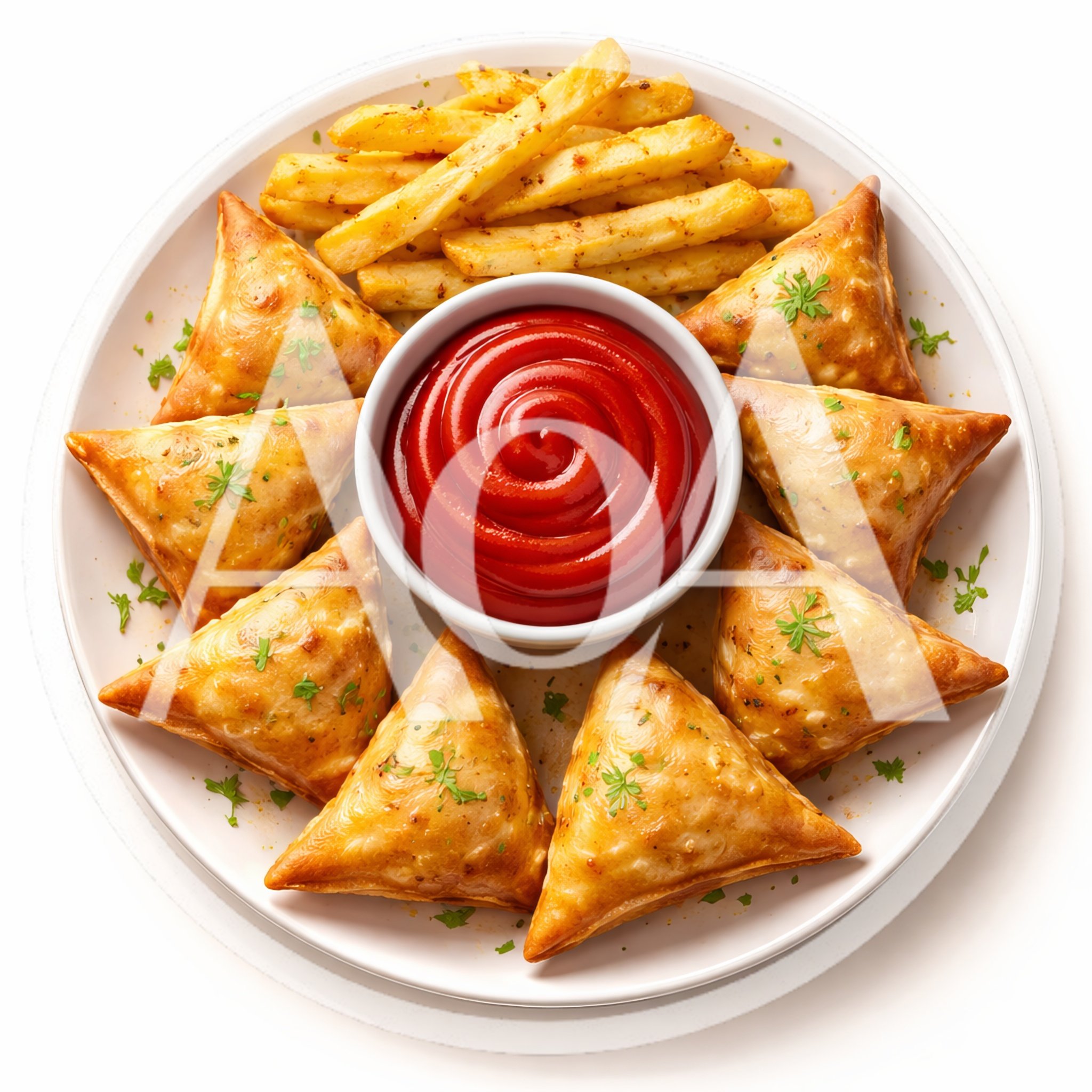 Plate Of Crispy Samosas With French Fries And Ketchup