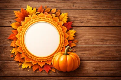 Autumnal Pumpkin Frame With Fall Leaves On Wood