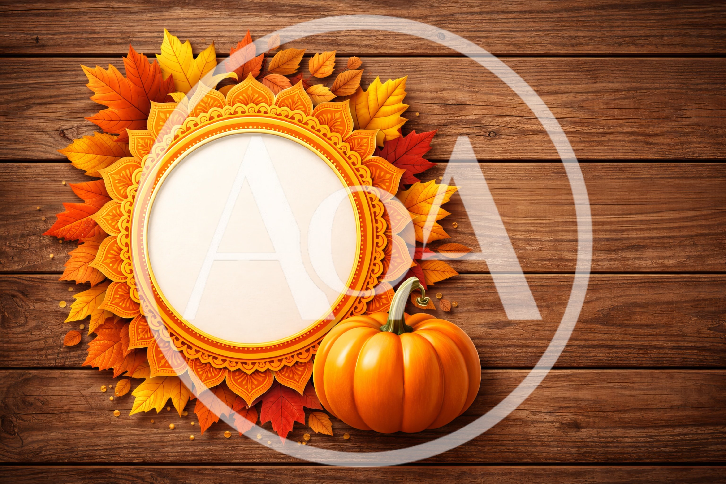 Autumnal Pumpkin Frame With Fall Leaves On Wood