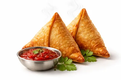 Two Crispy Fried Samosas With Red Dipping Sauce