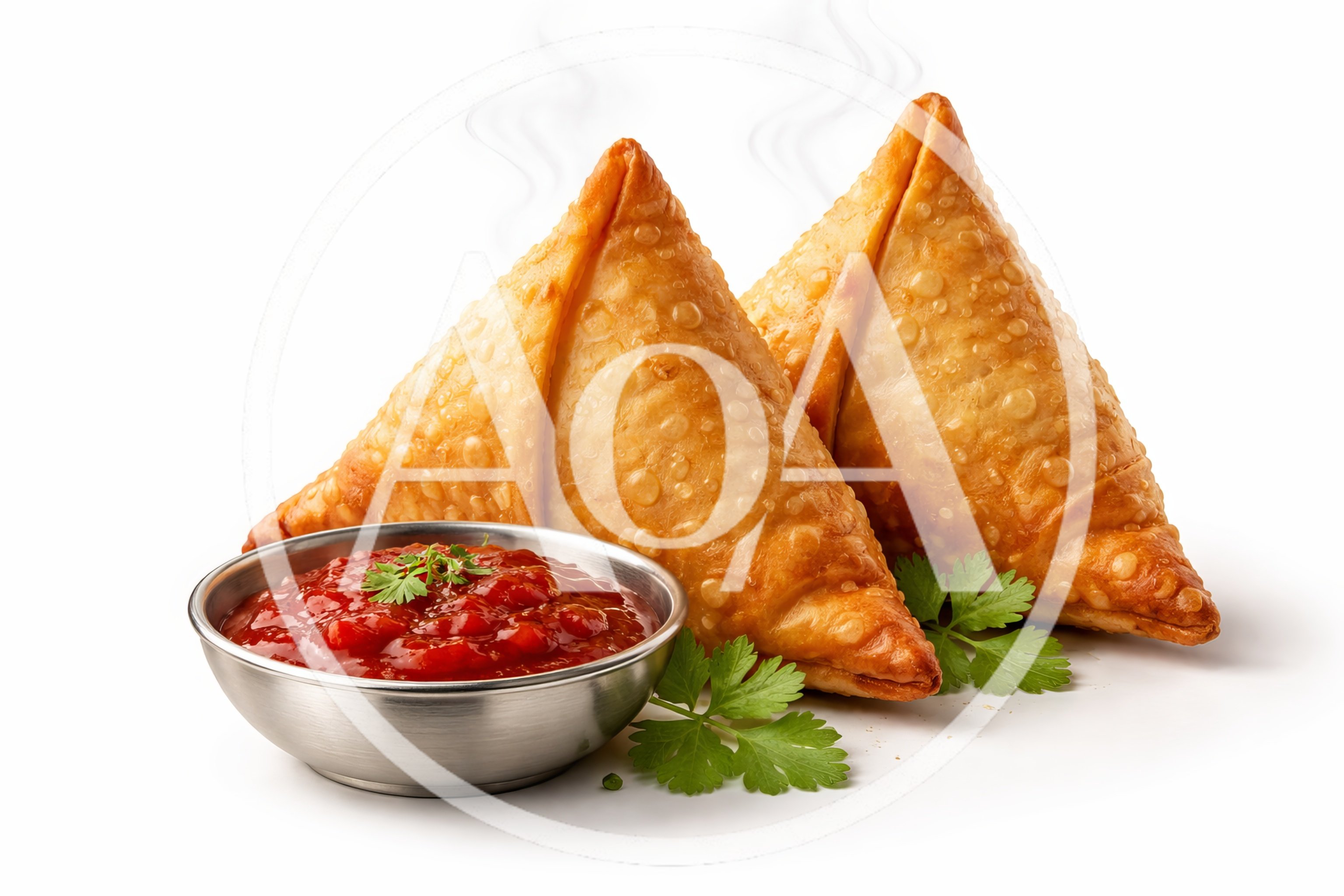 Two Crispy Fried Samosas With Red Dipping Sauce