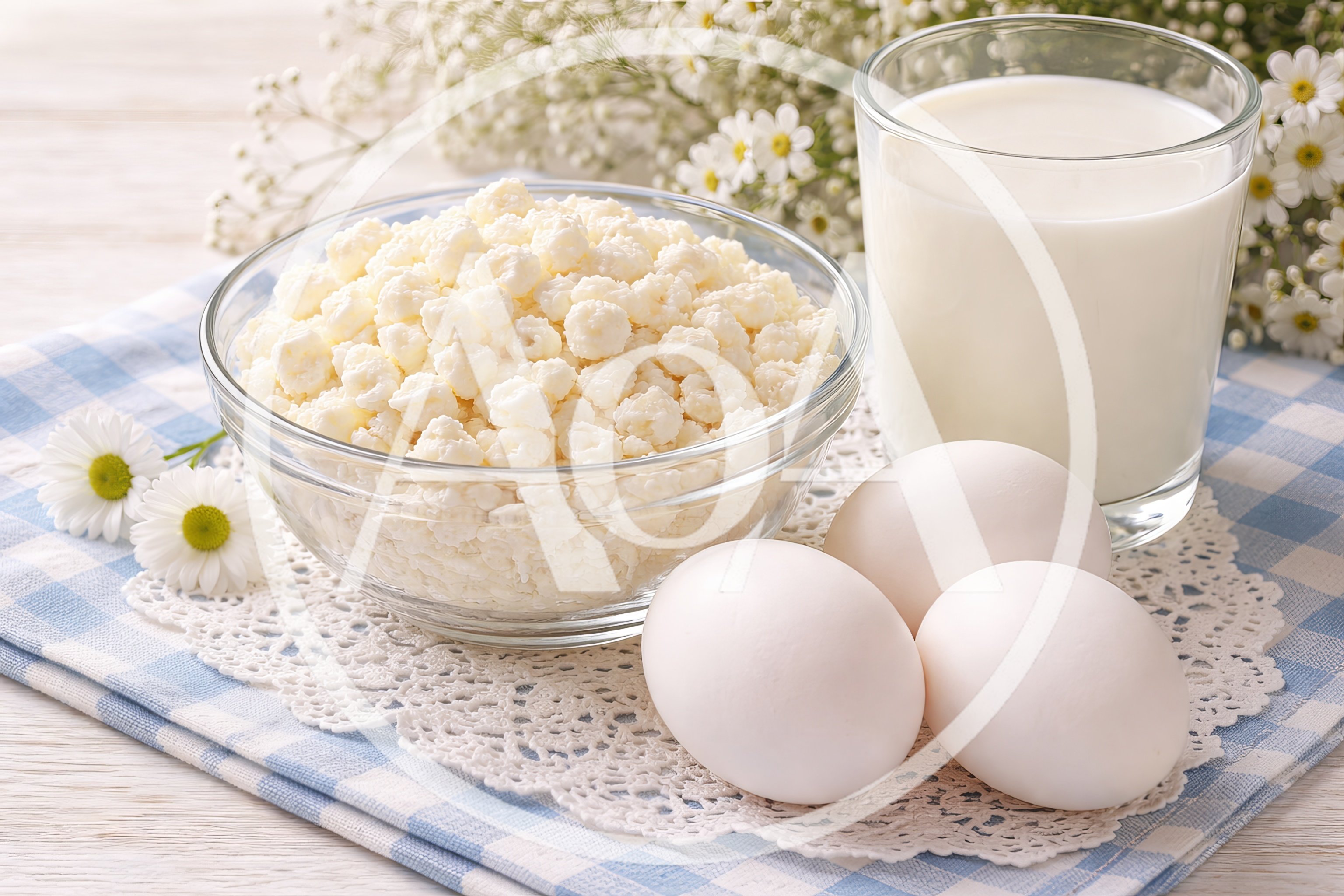 Cottage Cheese Milk and Eggs on Rustic Table