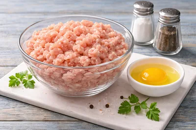 Raw Ground Chicken Meat In A Glass Bowl