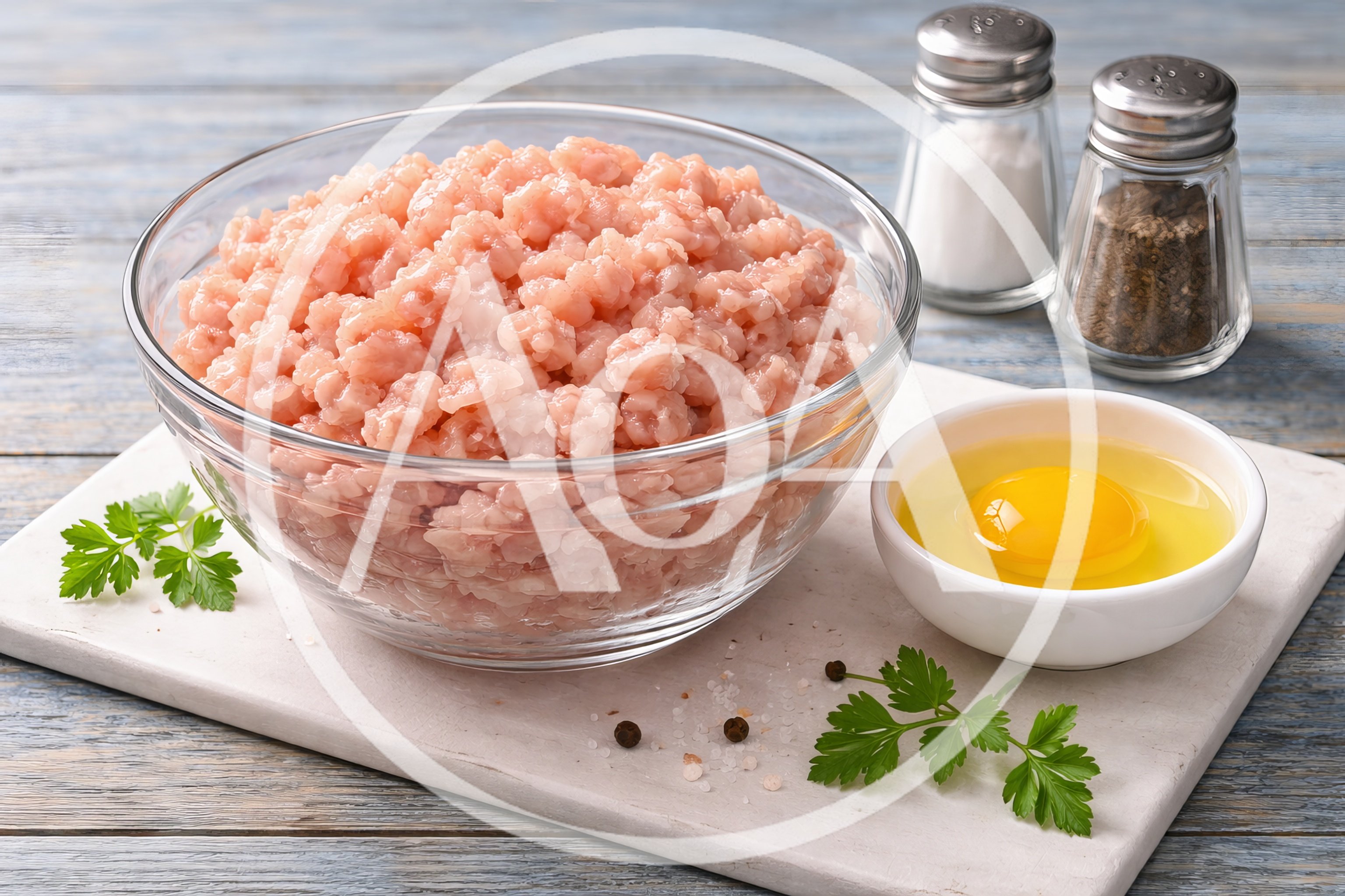 Raw Ground Chicken Meat In A Glass Bowl