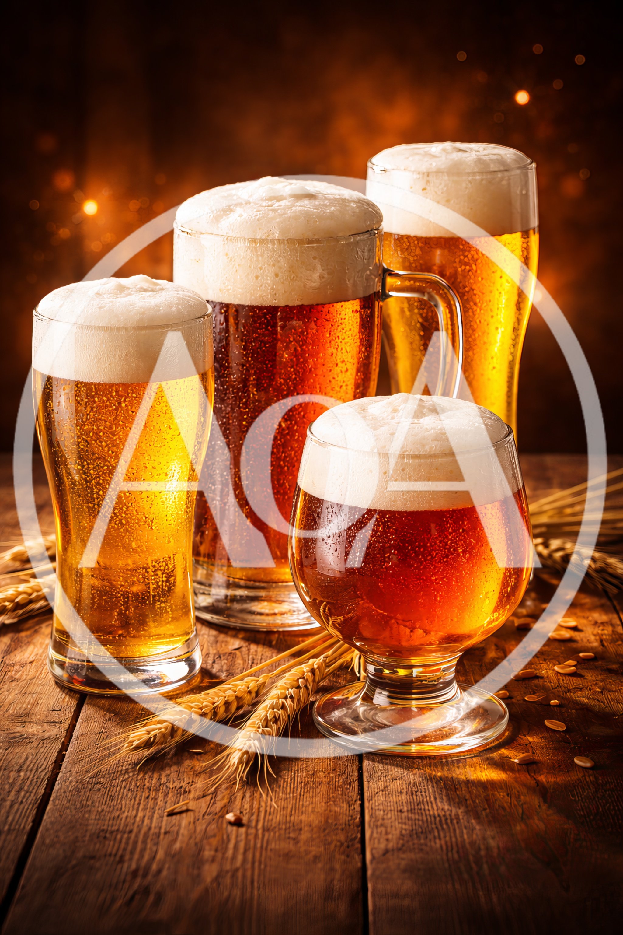 Four Glasses Of Assorted Craft Beer On Wooden Table