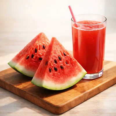 Fresh Watermelon Slices And Juice On Wooden Board