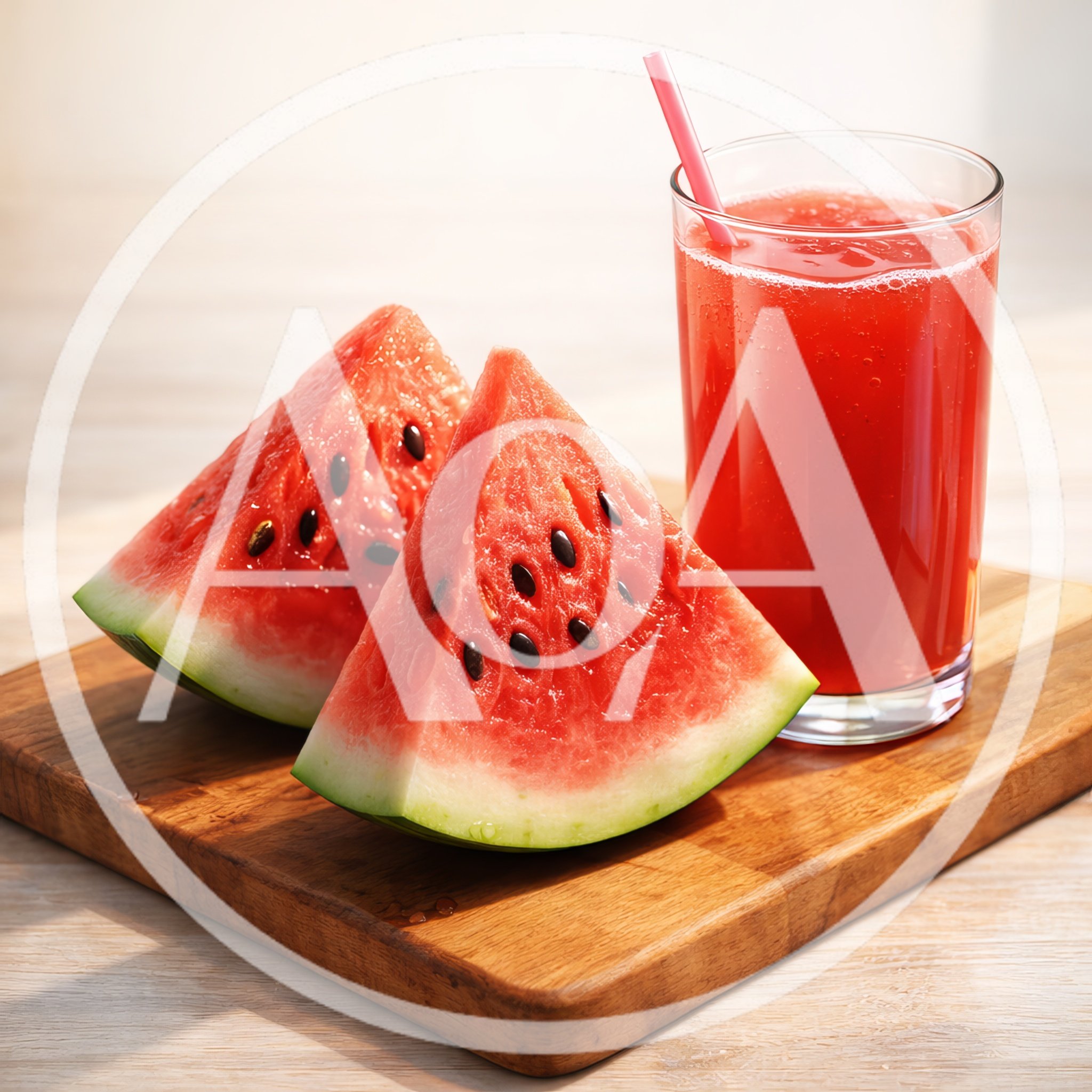 Fresh Watermelon Slices And Juice On Wooden Board