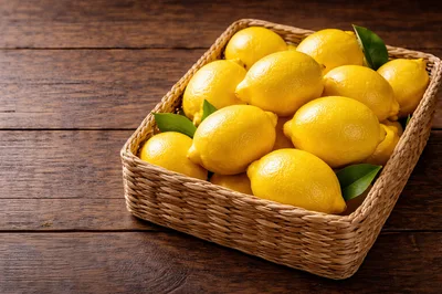 Fresh Yellow Lemons In A Woven Basket