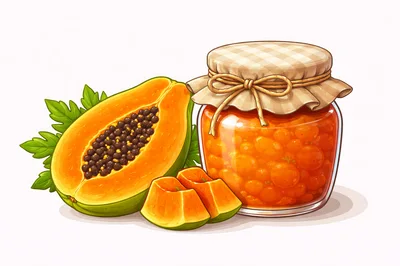 Fresh Papaya Fruit And Jar Of Papaya Jam