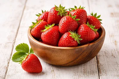 Fresh Red Strawberries In A Wooden Bowl