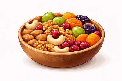 Wooden Bowl Filled With Assorted Nuts And Dried Fruits