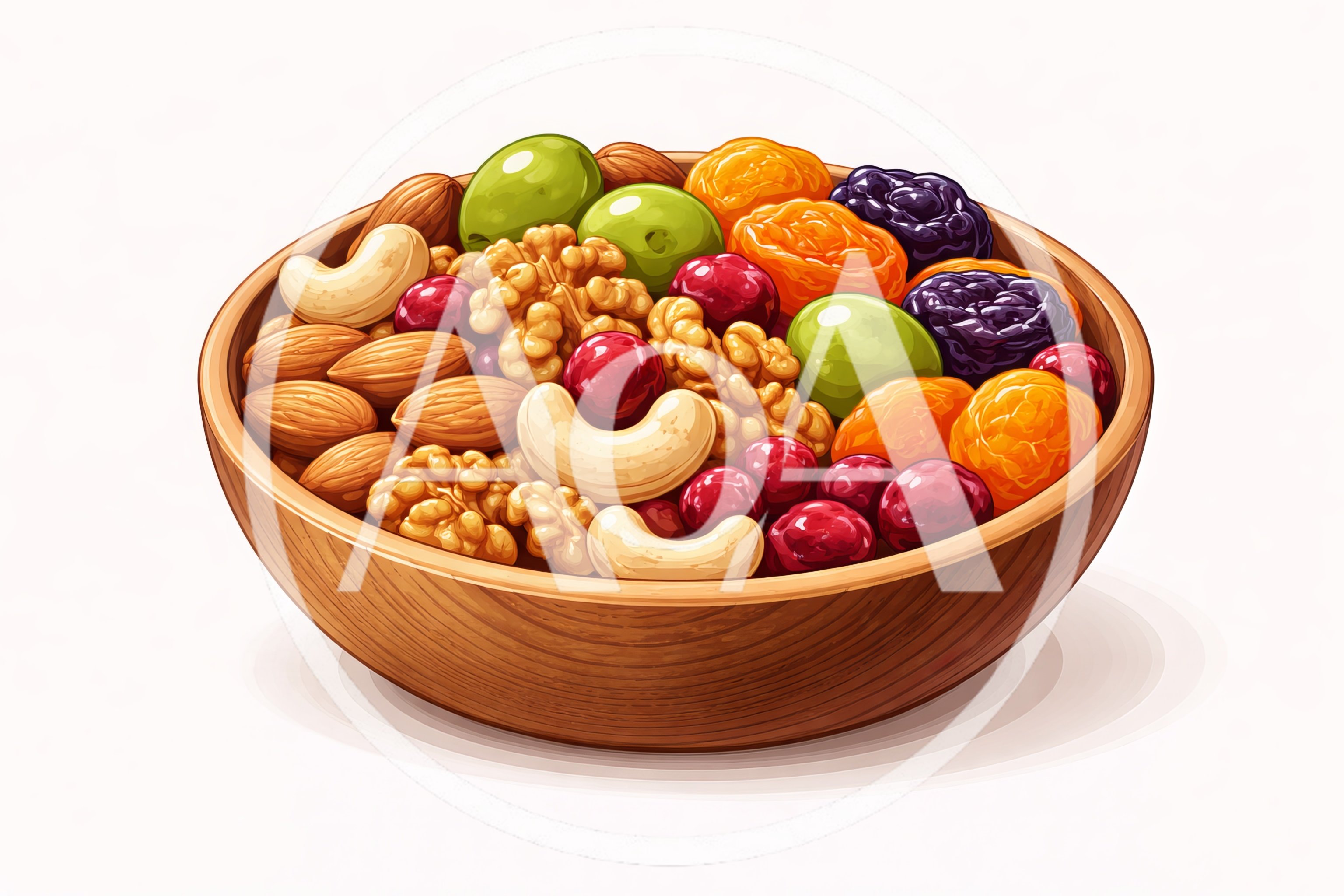Wooden Bowl Filled With Assorted Nuts And Dried Fruits